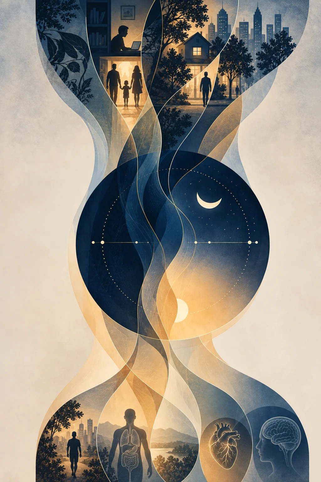 Hourglass illustration: upright scenes of city, home, work, and family flow through a sleep and circadian cycle toward health and daily functioning